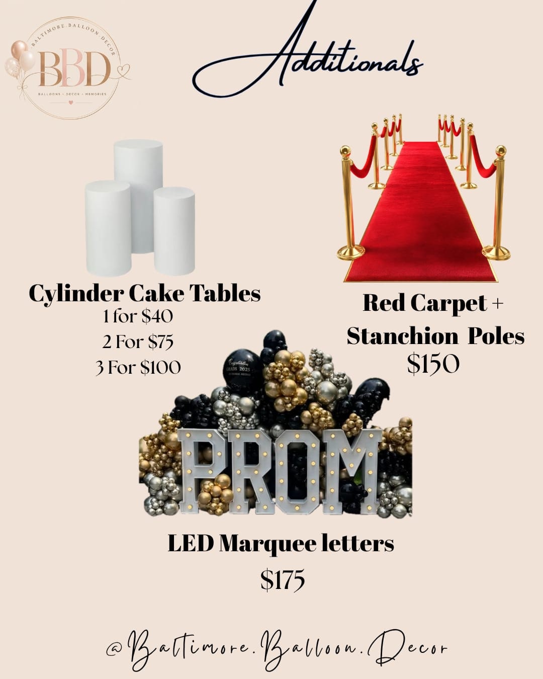 Cylinder Cake Tables, Red Carpet Stanchion Poles & LED Marquee Letters